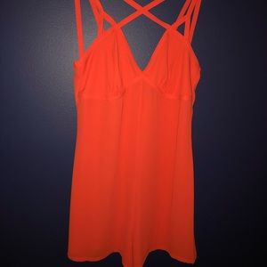 Neon pink/orange sheer romper from BCBGMAX